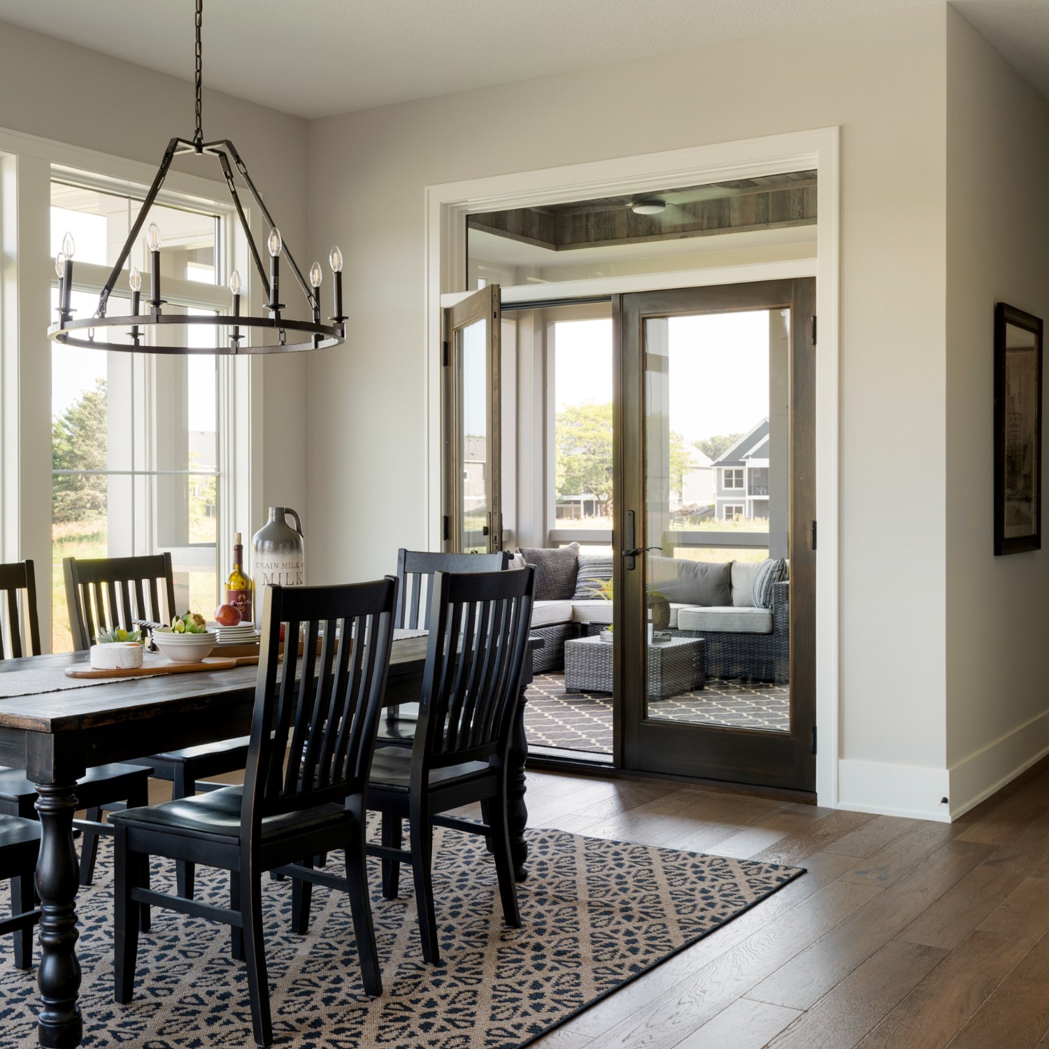 Inswing French doors without grilles. These french doors look out onto a screen porch.