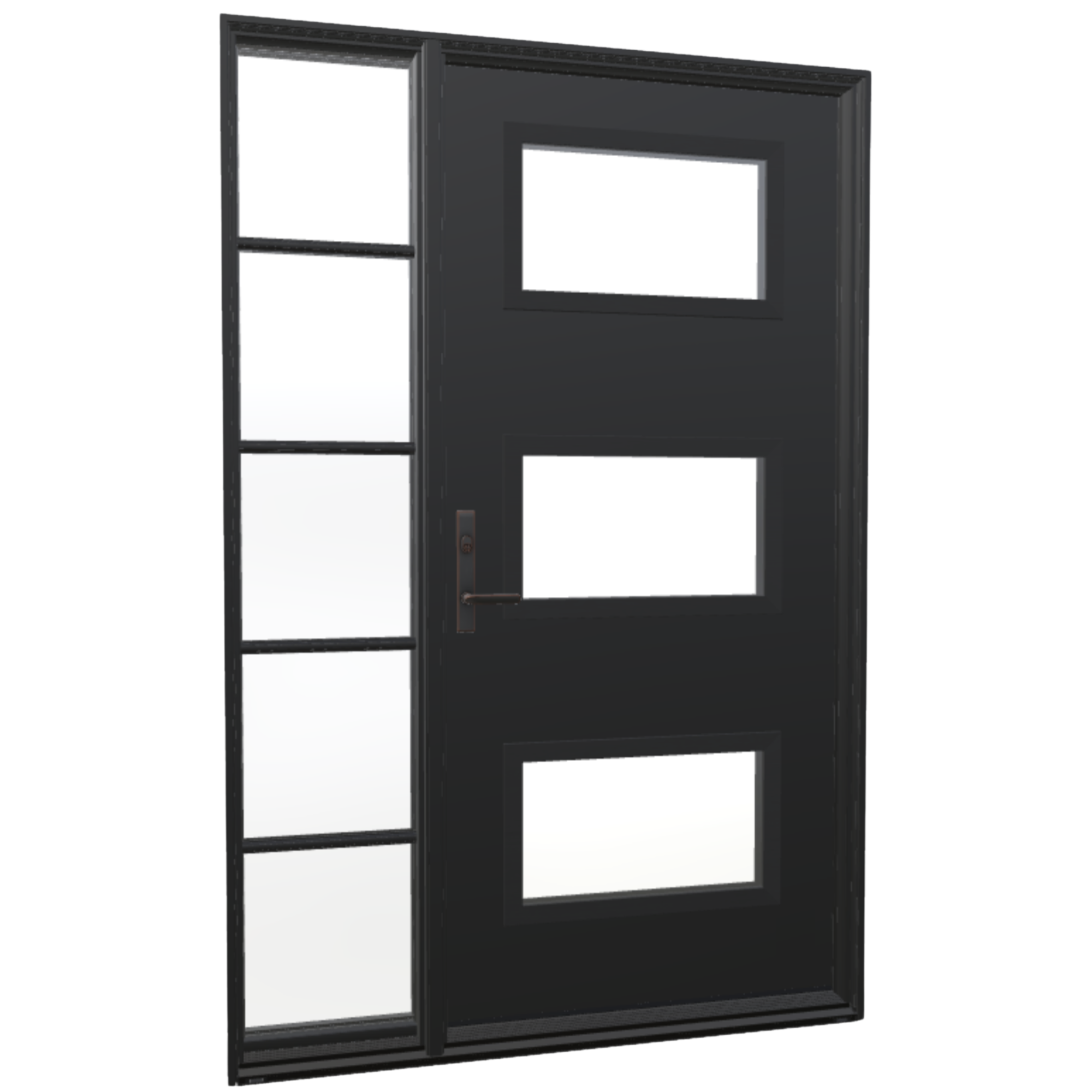 A single panel ensemble entry door with a sidelight. The sidelight has equal lite grilles.