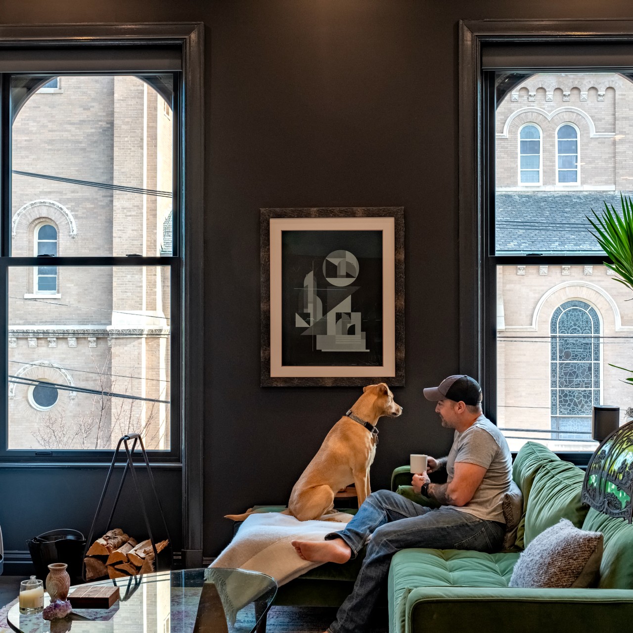 Living room--featuring Anthony and his dog Rossi.
